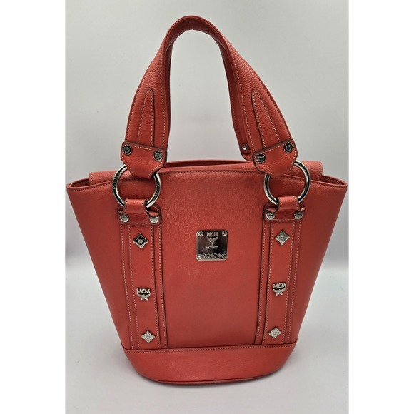 MCM Visetos Salmon Leather Studded Tote - Picture 1 of 8